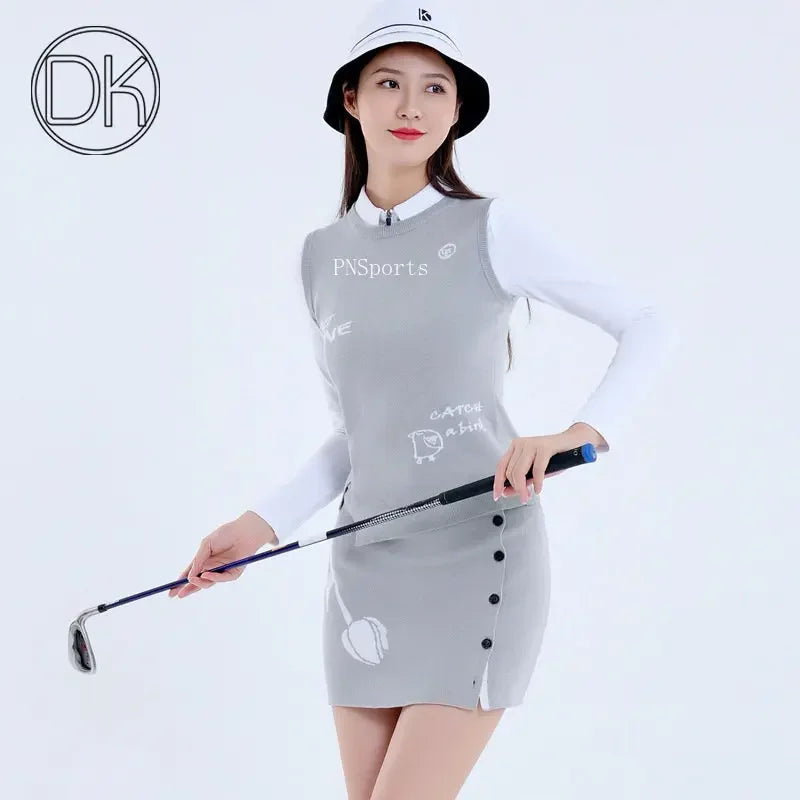 DK Golf Apparel Women's Autumn Winter Knitted Vest Round Neck Sweater Tops Ladies Slim Split Sports Skirt Warm Pencil Skort Suit