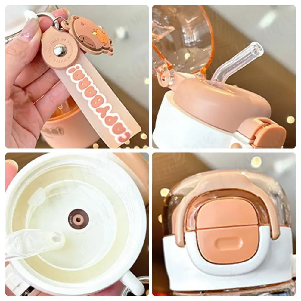 600ML Drink Water Cup Capybara Cartoon Water Bottle Double Drink Portable Large Travel Tumbler Leakproof Plastic Kapibara Cup