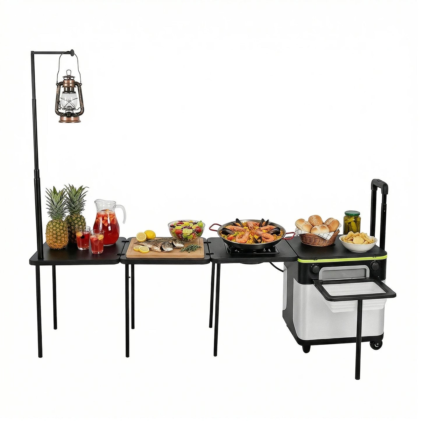 Multifunctional Outdoor Side Table with Wheels Folding Grill Table with Light Poles for Picnic Party Beach BBQ Cooking Indoor