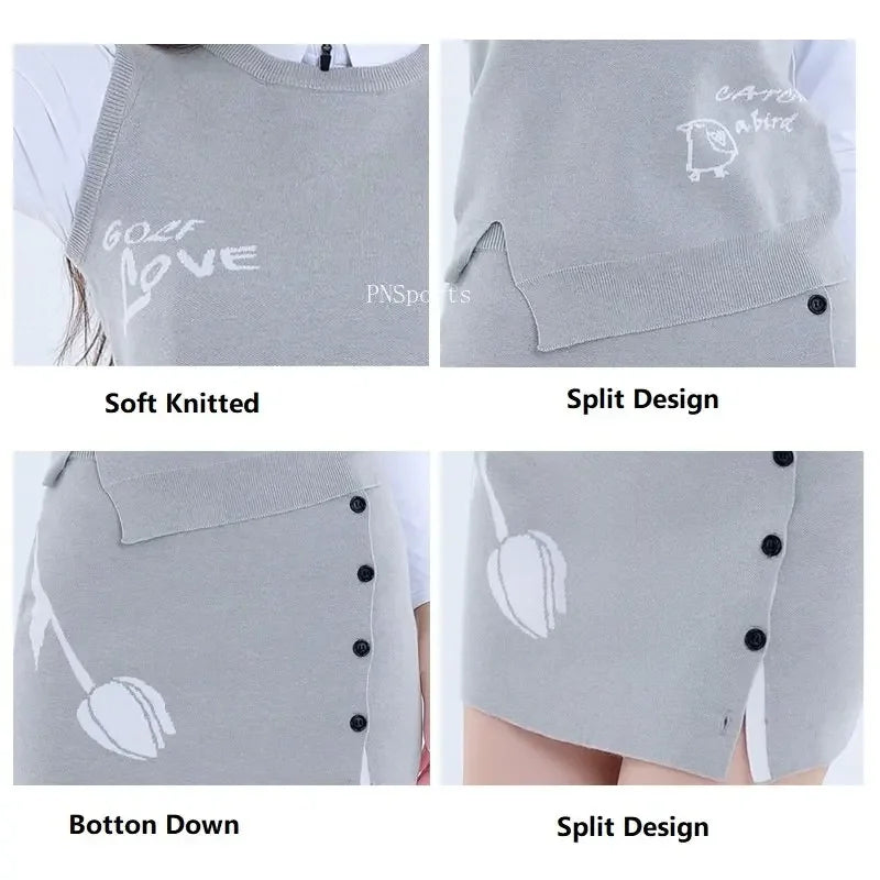 DK Golf Apparel Women's Autumn Winter Knitted Vest Round Neck Sweater Tops Ladies Slim Split Sports Skirt Warm Pencil Skort Suit