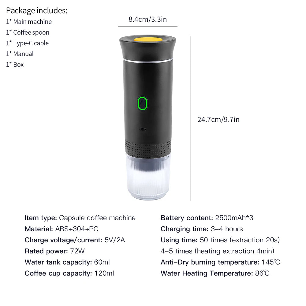 Wireless Electric Portable Espresso Coffee Machine for Car & Home Camping Coffee Maker 3-in-1 Capsule Powder Travel Coffee Maker