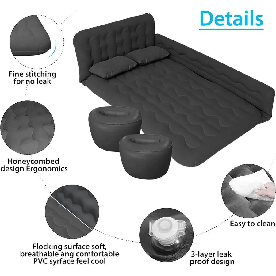 Car Bed SUV Air Mattress, Car Air Mattress with Electric Pump, 2 Inflatable Pillows and 2 Footrests for Back Seat, Side Seat,Tru