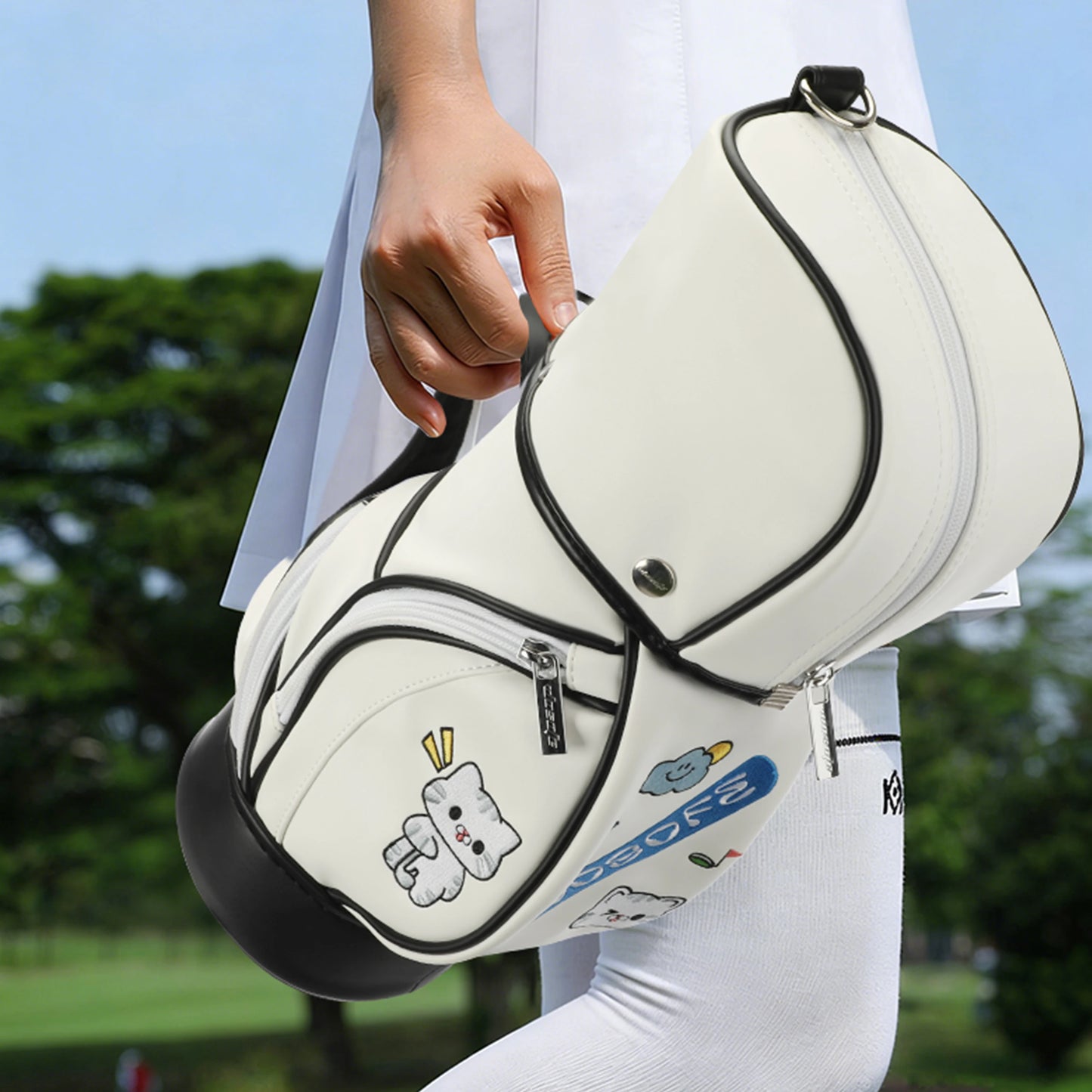 1 PC Women's Golf Bag, Cartoon Embroidered Golf Park Bag, PU Material, Portable Golf Gear Storage Bag, Mini Golf Accessory Pouch
