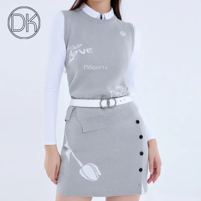 DK Golf Apparel Women's Autumn Winter Knitted Vest Round Neck Sweater Tops Ladies Slim Split Sports Skirt Warm Pencil Skort Suit
