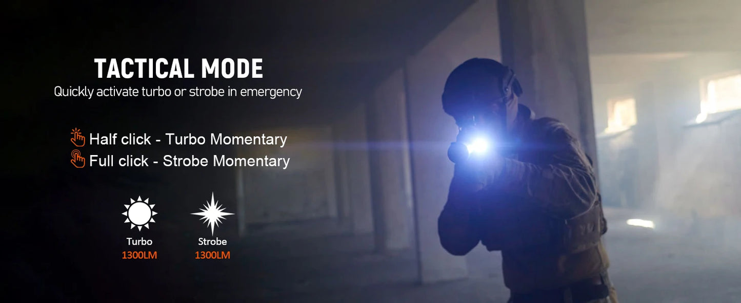 Wurkkos TD07 Tactical Flashlight 1300 Lumens 479m Beam Distance 18350 Battery Dual Switch Ring Grip Police/Everyday Use