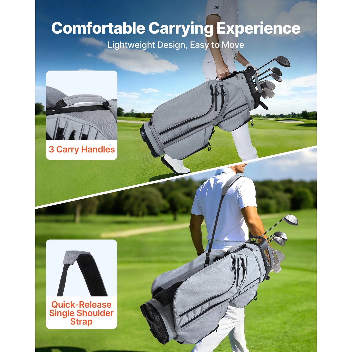 SucceBuy Golf Cart Bag 15 Way Top Divider Organizer with Full-length Divider Rain Hood Silicone Head Protection for Men & Women