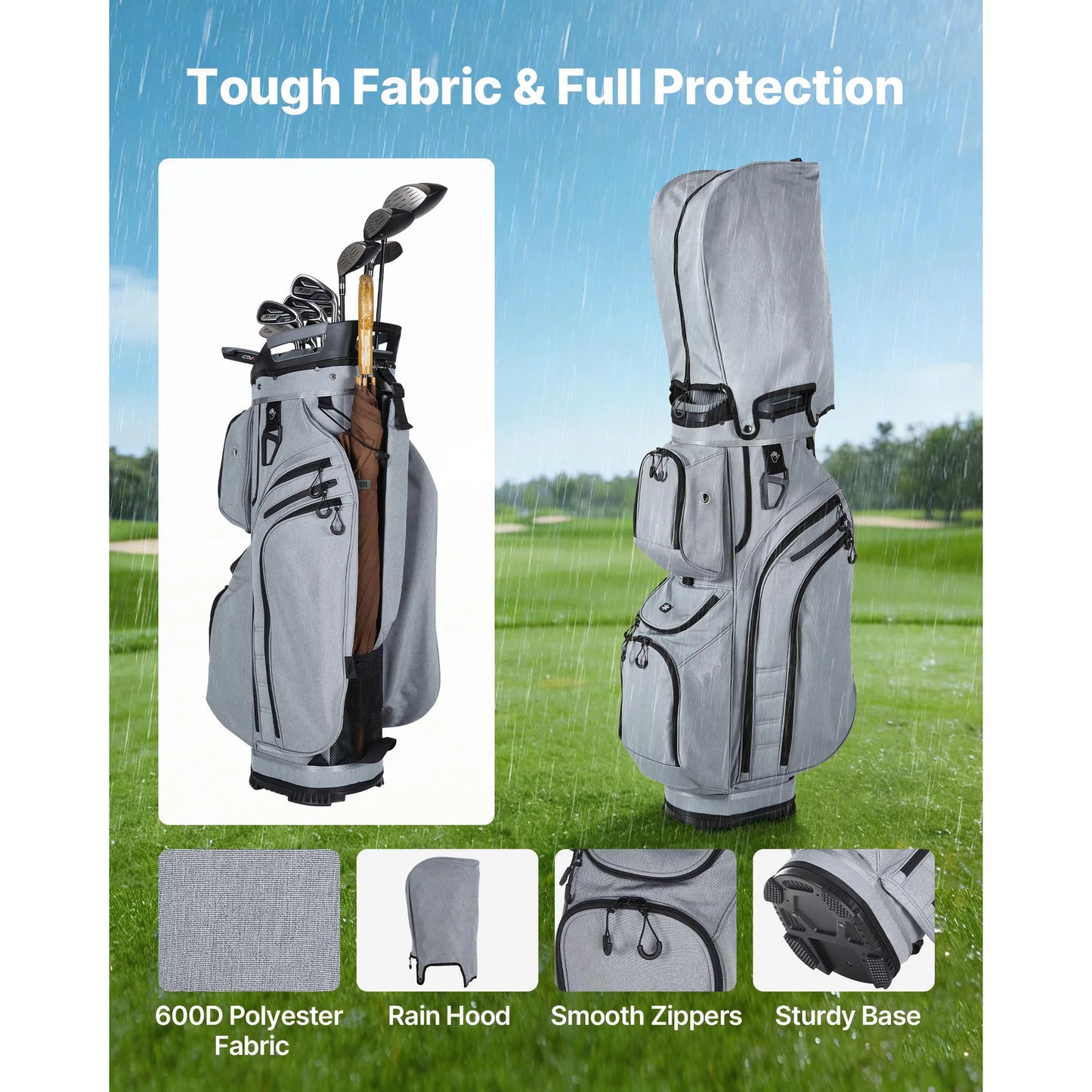 SucceBuy Golf Cart Bag 15 Way Top Divider Organizer with Full-length Divider Rain Hood Silicone Head Protection for Men & Women