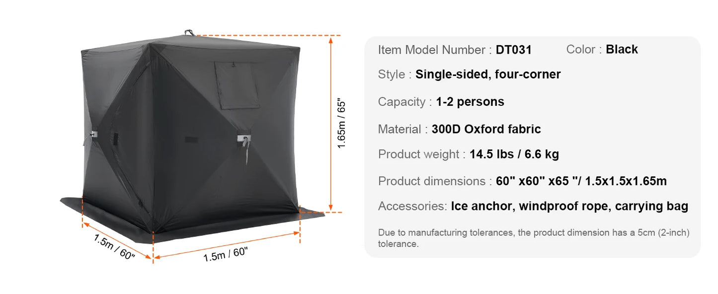SucceBuy Portable Ice Shelter 1-2 Person Fishing Tent Ice Shanty for Winter Fishing Waterproof Ice Cube with Anchors Carry Bag