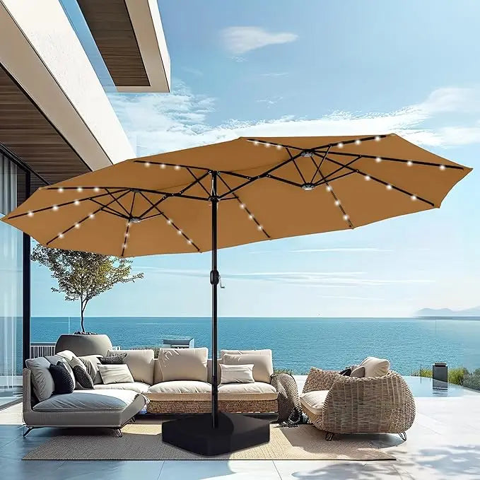 15ft Large Patio Umbrella with Solar Lights, Double-Sided Outdoor Market Rectangle Umbrellas with 36 LED Lights, Umbrella Base