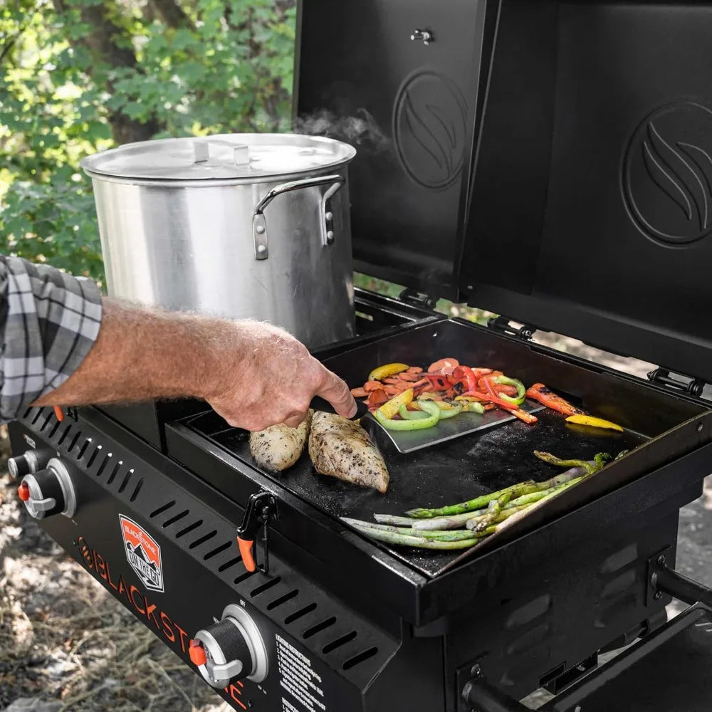 The Go   Combo with Wheels, Legs Hood & Side Shelf - Heavy Duty Flat Top Portable BBQ Griddle Grill Station for Kitchen, Camping