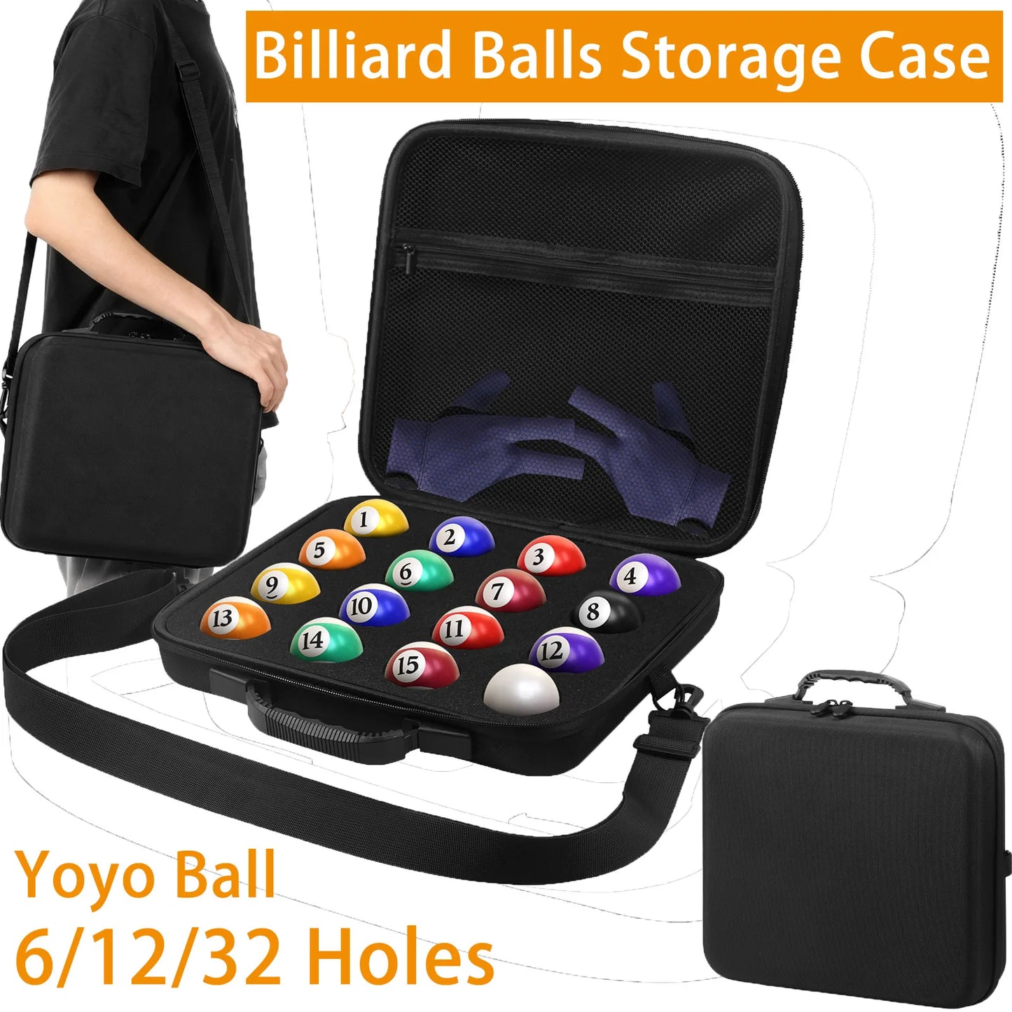 6/12/32 Holes Billiard Balls Storage Case with Shoulder Strap handle Portable Yoyo Ball Pool Ball Carry Case with Mesh Pocket