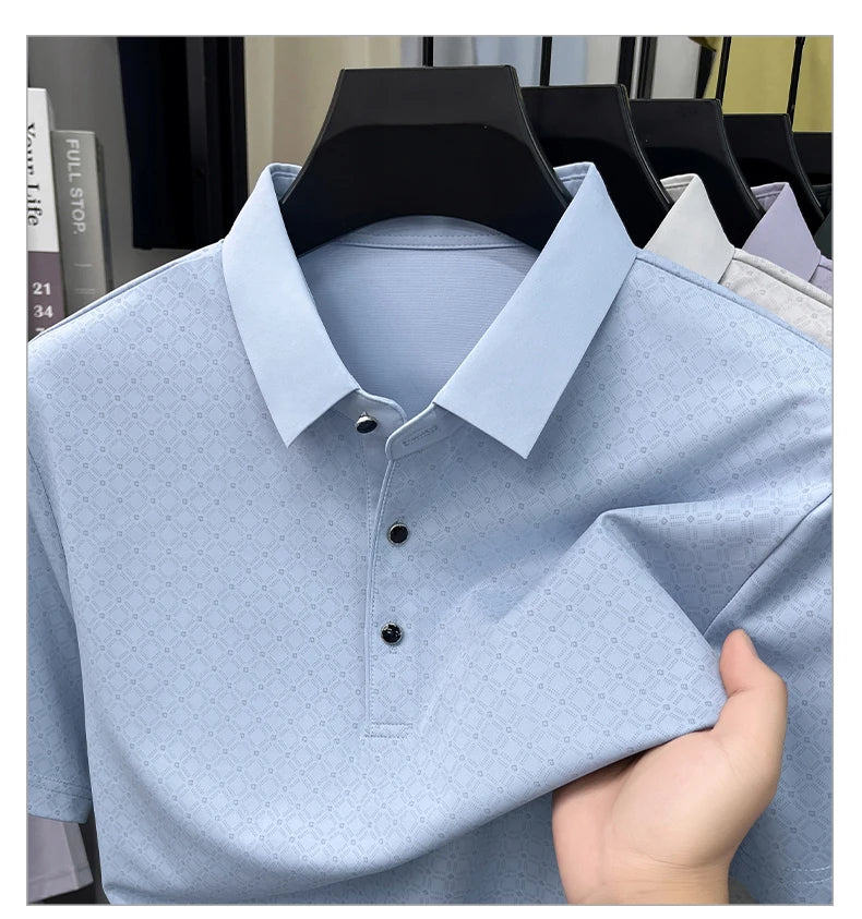 2026 Summer Old Money Style Men Polo Tee Subtle Linear Pattern Cool Touch Anti-Wrinkle Daily Golf Casual Short Sleeve Polo Shirt