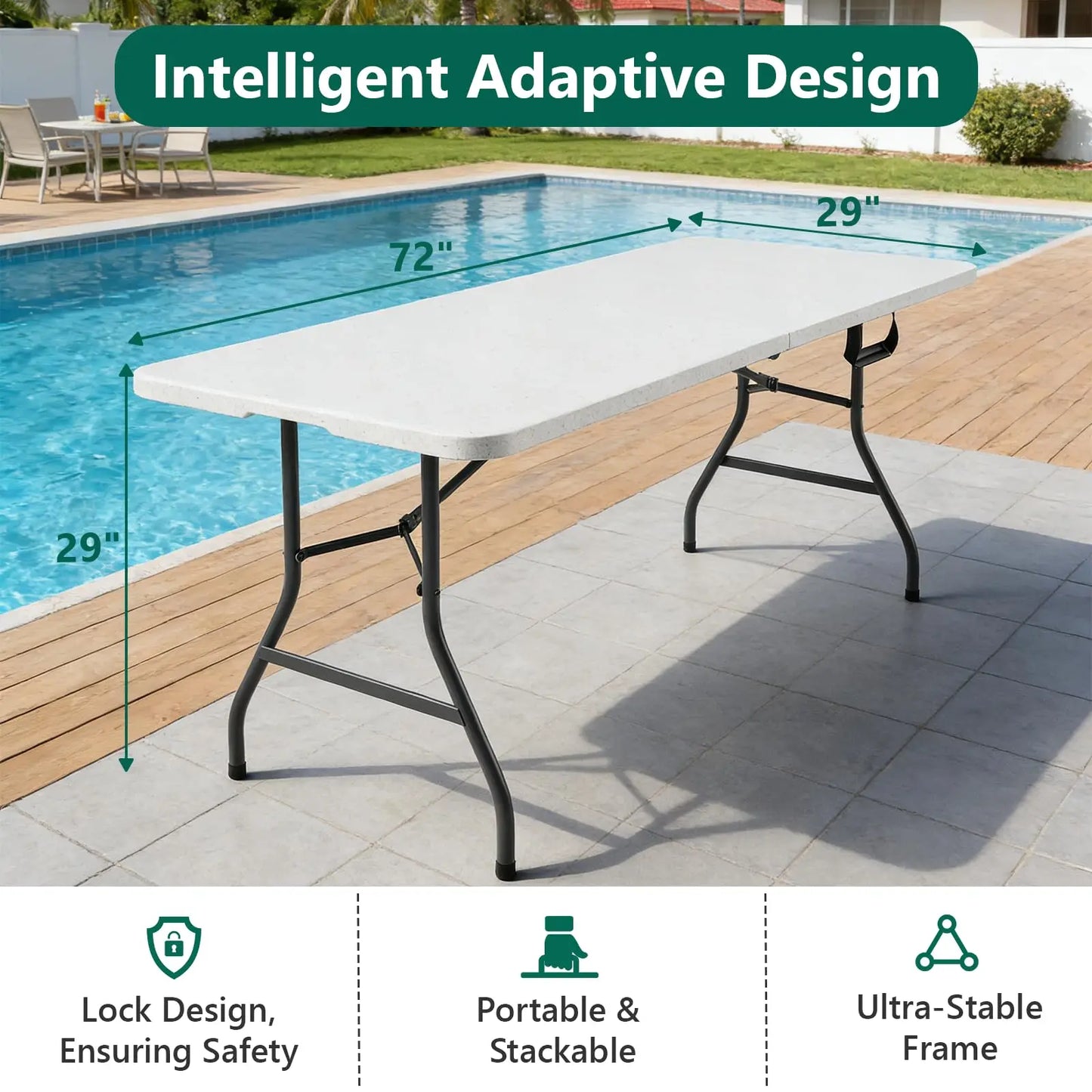 6ft Foldable Utility Table with Handle - Heavy Duty Plastic, Fold-in-Half Design, Portable for Indoor/Outdoor Events, White