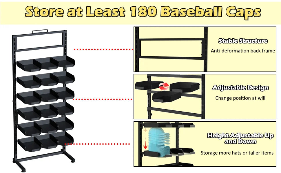 6 Tier Adjustable Ball Cap Storage Organizer With 18 Plate Tray for 180 Baseball Hat, Commercial Home Use, Black Metal