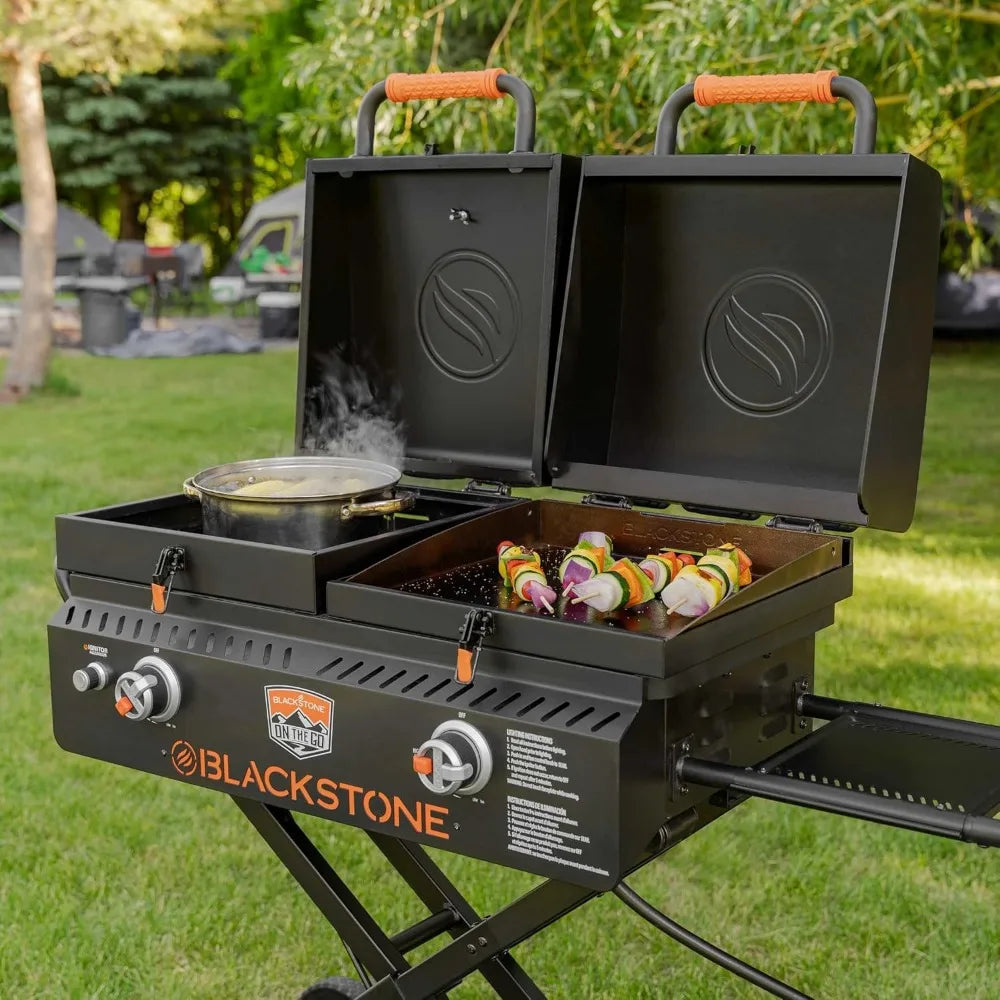 The Go   Combo with Wheels, Legs Hood & Side Shelf - Heavy Duty Flat Top Portable BBQ Griddle Grill Station for Kitchen, Camping