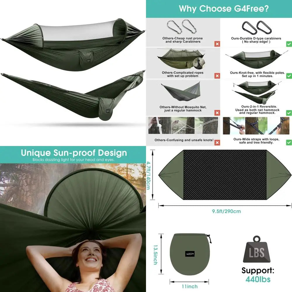 G4Free Large Camping Hammock with Mosquito Net 2 Person Pop-up Parachute Lightweight Hanging Hammocks Tree Straps Swing Bed for