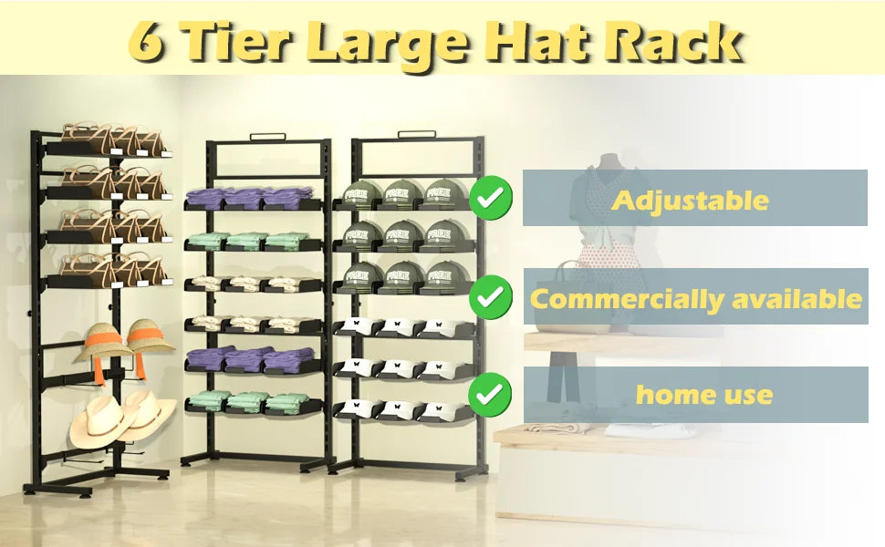 6 Tier Adjustable Ball Cap Storage Organizer With 18 Plate Tray for 180 Baseball Hat, Commercial Home Use, Black Metal
