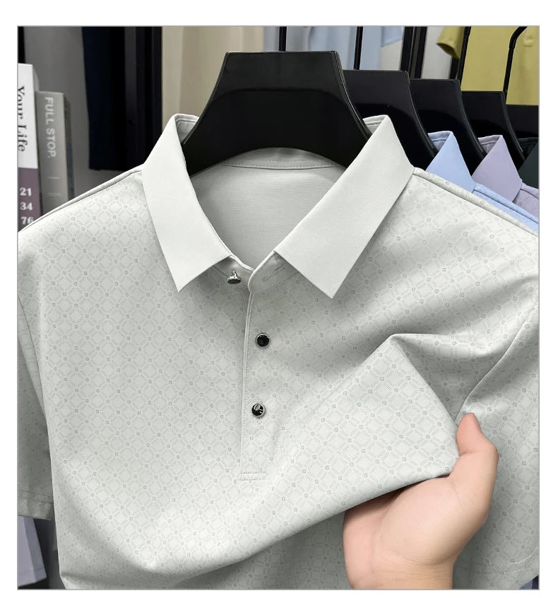 2026 Summer Old Money Style Men Polo Tee Subtle Linear Pattern Cool Touch Anti-Wrinkle Daily Golf Casual Short Sleeve Polo Shirt