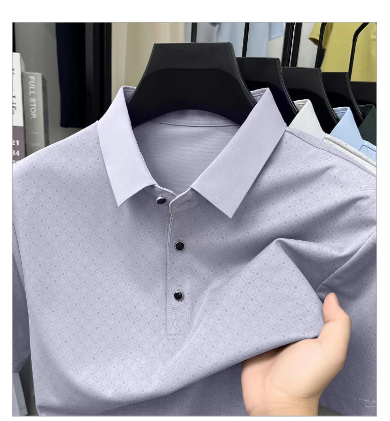 2026 Summer Old Money Style Men Polo Tee Subtle Linear Pattern Cool Touch Anti-Wrinkle Daily Golf Casual Short Sleeve Polo Shirt