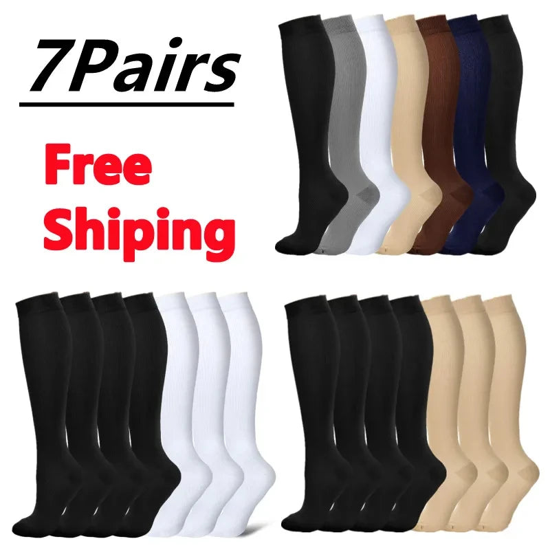 3/7 Pairs Compression Socks Medical Varicose Veins Swollen Calves Solid Color Sports Socks Elastic Outdoor Marathon Cycling Golf