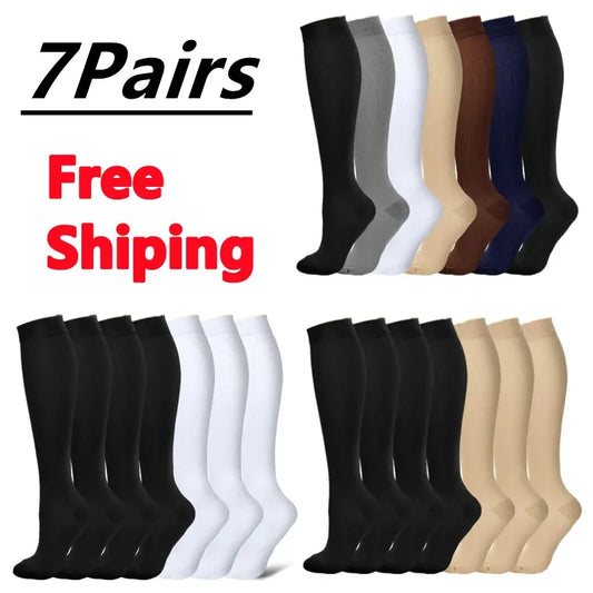 3/7 Pairs Compression Socks Medical Varicose Veins Swollen Calves Solid Color Sports Socks Elastic Outdoor Marathon Cycling Golf