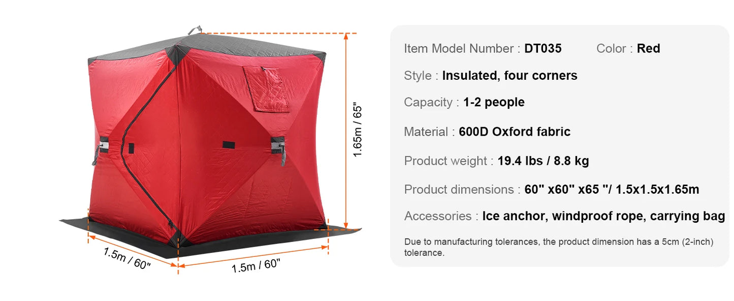 SucceBuy Portable Ice Shelter 1-2 Person Fishing Tent Ice Shanty for Winter Fishing Waterproof Ice Cube with Anchors Carry Bag