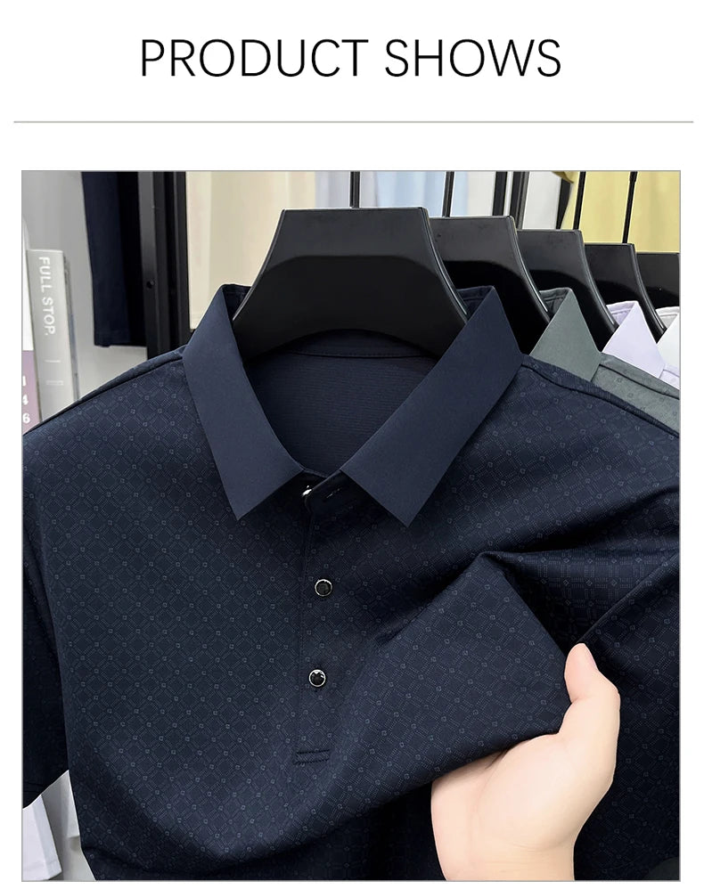 2026 Summer Old Money Style Men Polo Tee Subtle Linear Pattern Cool Touch Anti-Wrinkle Daily Golf Casual Short Sleeve Polo Shirt