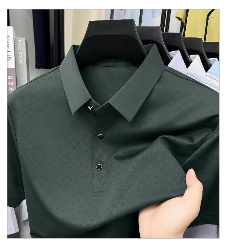 2026 Summer Old Money Style Men Polo Tee Subtle Linear Pattern Cool Touch Anti-Wrinkle Daily Golf Casual Short Sleeve Polo Shirt