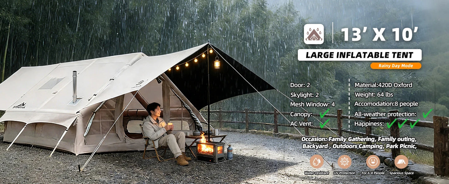Inflatable Camping Tent 8-10 Person,129 Square Feets Large Inflatable Camping Tent with Stove Jack,Blow up Tent with AC Vent