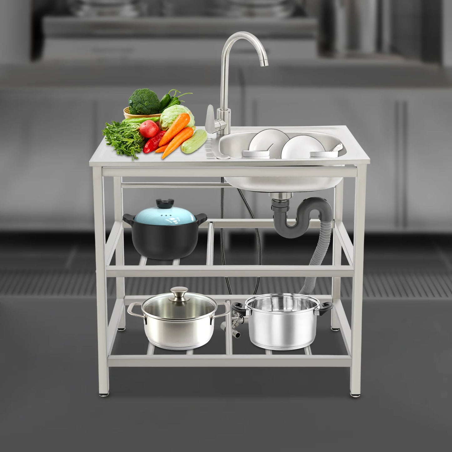 Outdoor Stainless Steel Sink Freestanding Portable Kitchen Sink with Faucet and Storage Rack for Backyard Balcony Camping RV