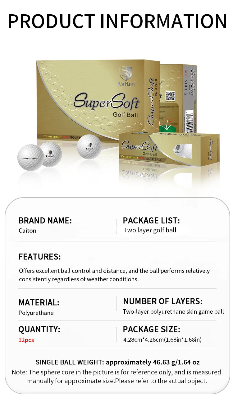 Caiton 12Pcs SuperSoft Golf Balls Polyurethane Cover Low Drag Distance Soft Feel Stable Flight Spin Control Practice Play Balls
