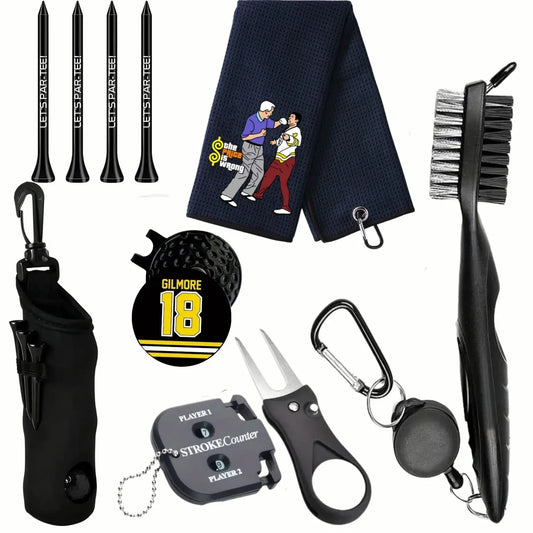 7pcs Men's Golf Accessories Kit - Complete All-in-One , Scorekeeper, Divot Tool, Golf Marker, Cleaning Brush, Tees & Towel