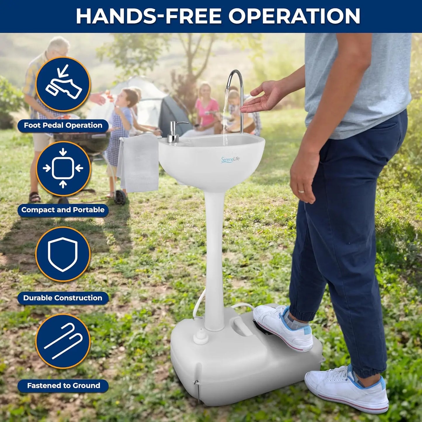 Portable Camping Sink with 19L Water Tank, Foot Pump, Soap Dispenser & Towel Holder for Outdoor Use