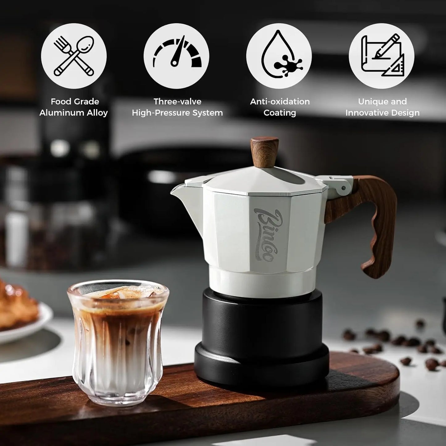 Three Espresso Maker Stovetop,Camping Moka Pot 2 Cup/120ML,Stove Top Espresso Italian Coffee Maker