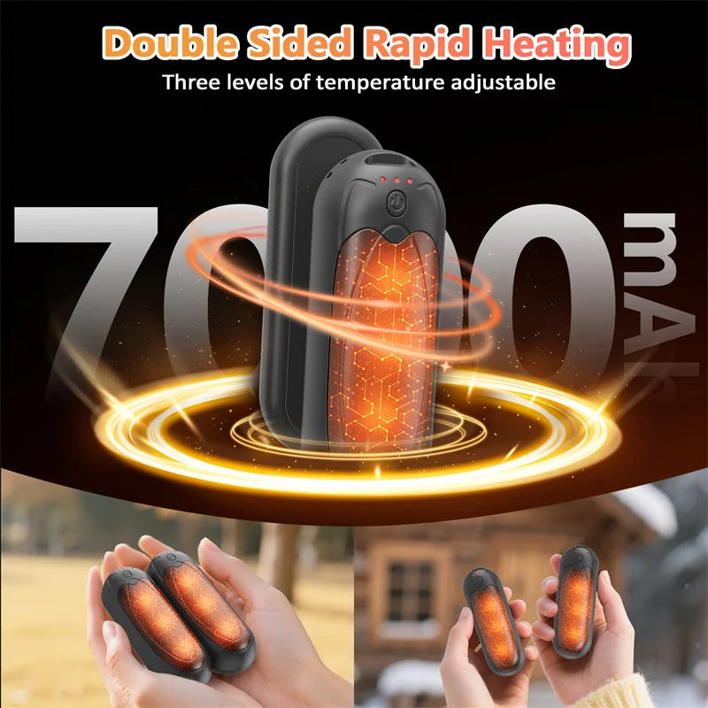 2 Pack Portable Hand Warmers, 7000mAh Rechargeable with Double Side Heating 3 Levels Heat, for Outdoor,Hunting,Christmas Gifts