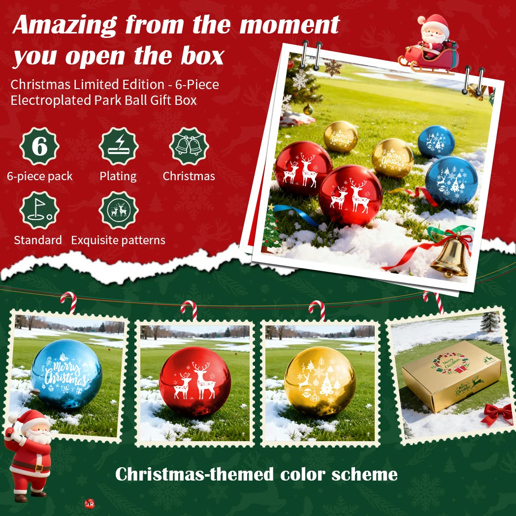 Caiton 6Pcs Korean Park Golf Balls 60mm/2.36in Metallic Red Gold Blue Merry Christmas Holiday Gift Outdoor Practice Game Set