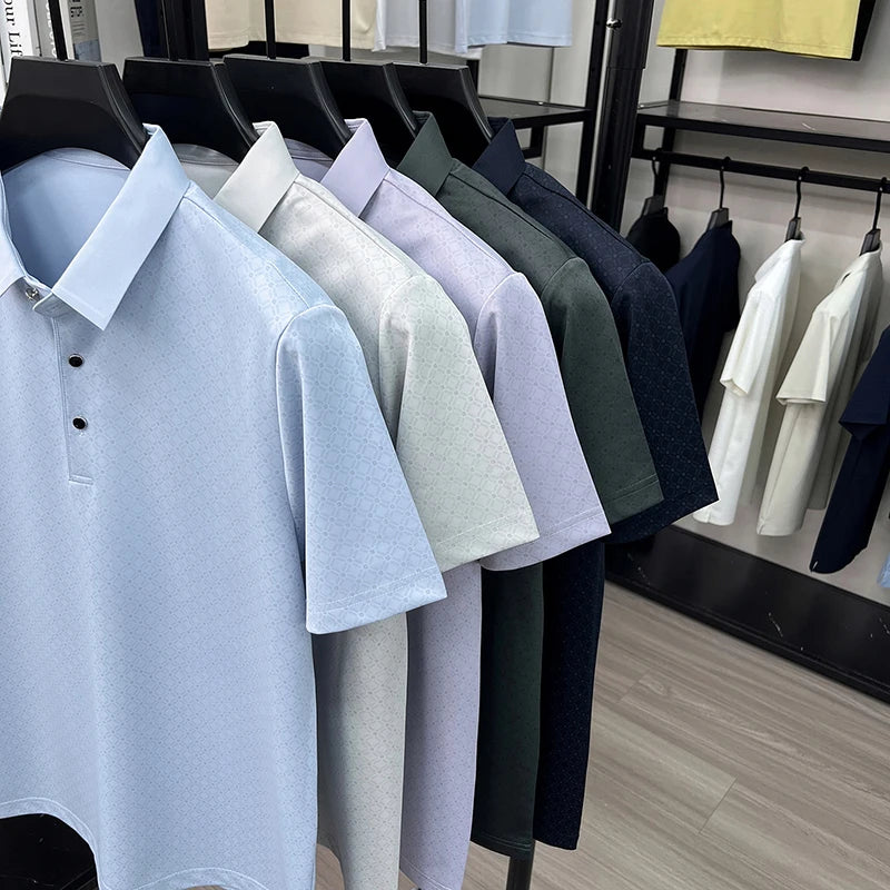 2026 Summer Old Money Style Men Polo Tee Subtle Linear Pattern Cool Touch Anti-Wrinkle Daily Golf Casual Short Sleeve Polo Shirt