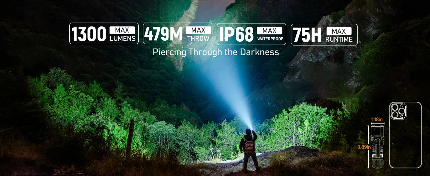 Wurkkos TD07 Tactical Flashlight 1300 Lumens 479m Beam Distance 18350 Battery Dual Switch Ring Grip Police/Everyday Use