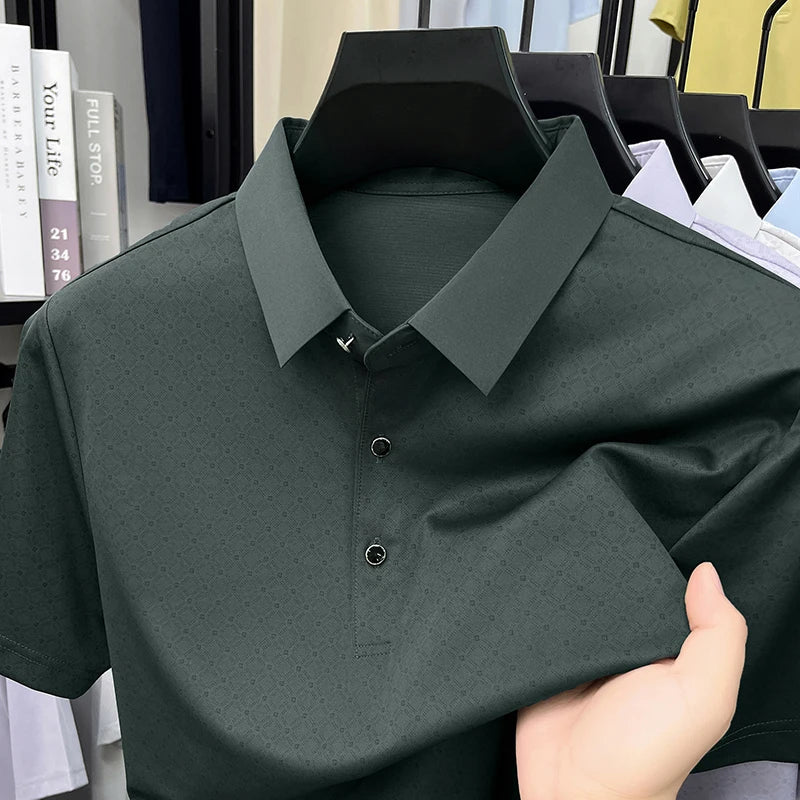 2026 Summer Old Money Style Men Polo Tee Subtle Linear Pattern Cool Touch Anti-Wrinkle Daily Golf Casual Short Sleeve Polo Shirt