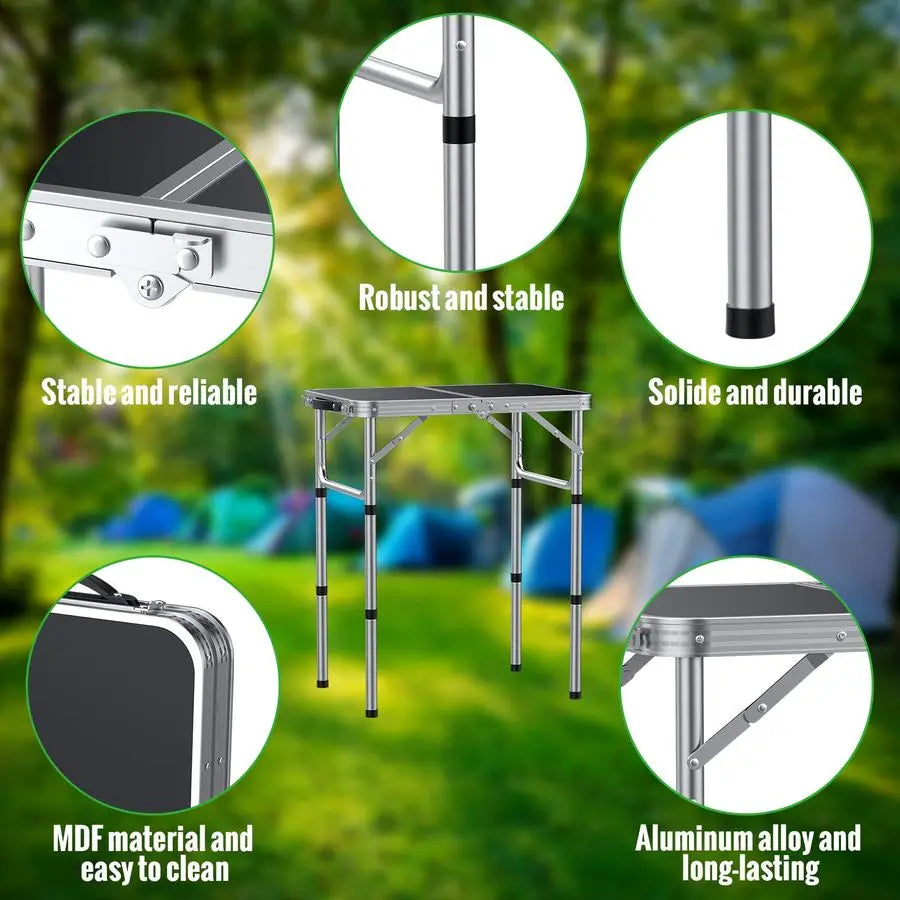 2ft Folding Camping Table, Portable Folding Picnic Table with 3Height Adjustable, Lightweight Aluminum Outdoor Tables for BBQ, C
