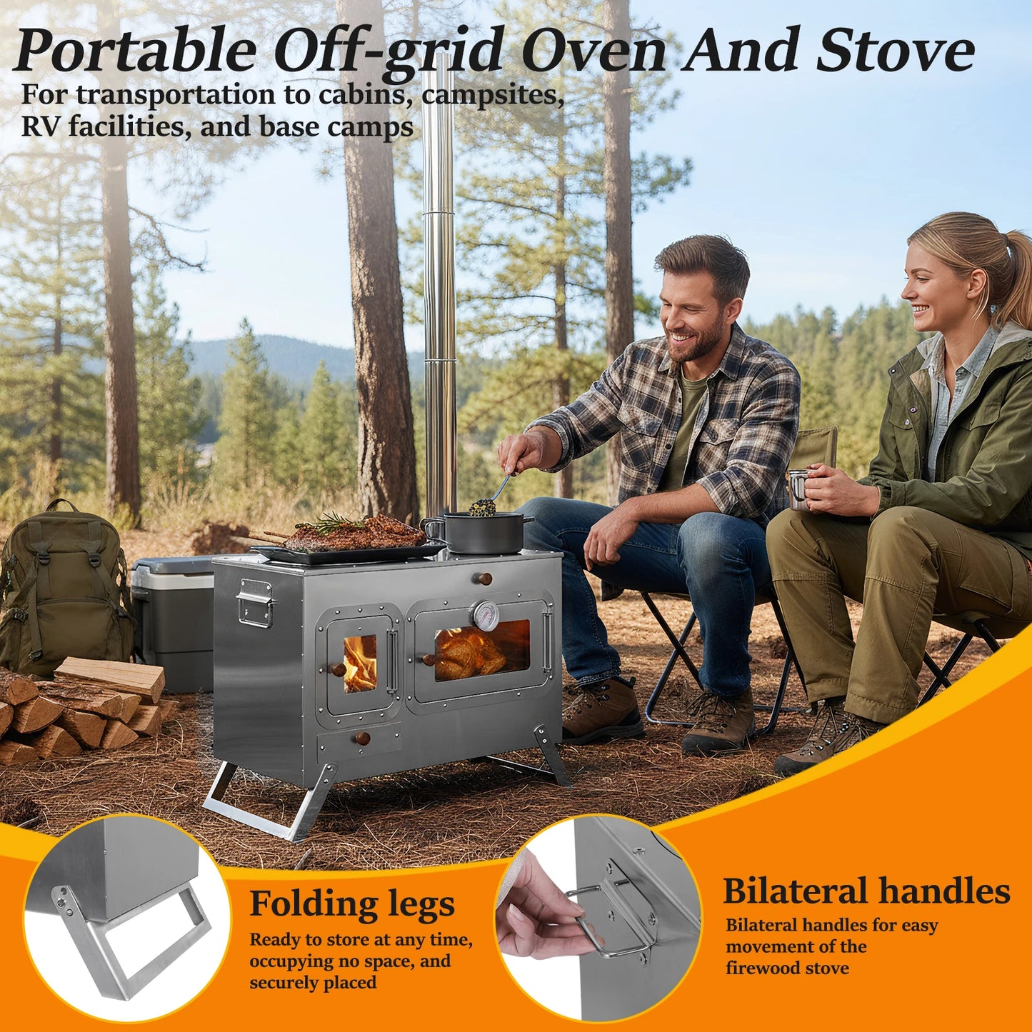 Hot Tent Stove with 4 Chimney Pipe Wood Burning Tent Stove Stainless Steel for Outdoor Heating & Cooking Ice Fishing Hunting