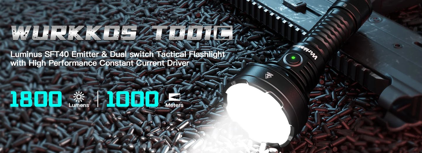 Wurkkos TD07 Tactical Flashlight 1300 Lumens 479m Beam Distance 18350 Battery Dual Switch Ring Grip Police/Everyday Use