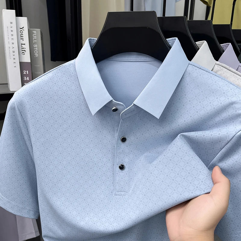 2026 Summer Old Money Style Men Polo Tee Subtle Linear Pattern Cool Touch Anti-Wrinkle Daily Golf Casual Short Sleeve Polo Shirt