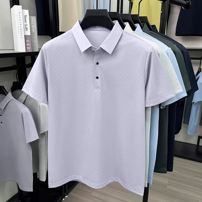 2026 Summer Old Money Style Men Polo Tee Subtle Linear Pattern Cool Touch Anti-Wrinkle Daily Golf Casual Short Sleeve Polo Shirt