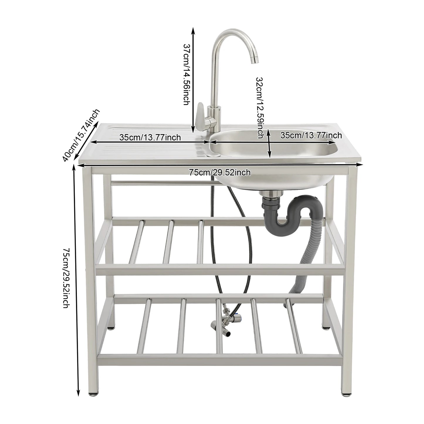Outdoor Stainless Steel Sink Freestanding Portable Kitchen Sink with Faucet and Storage Rack for Backyard Balcony Camping RV