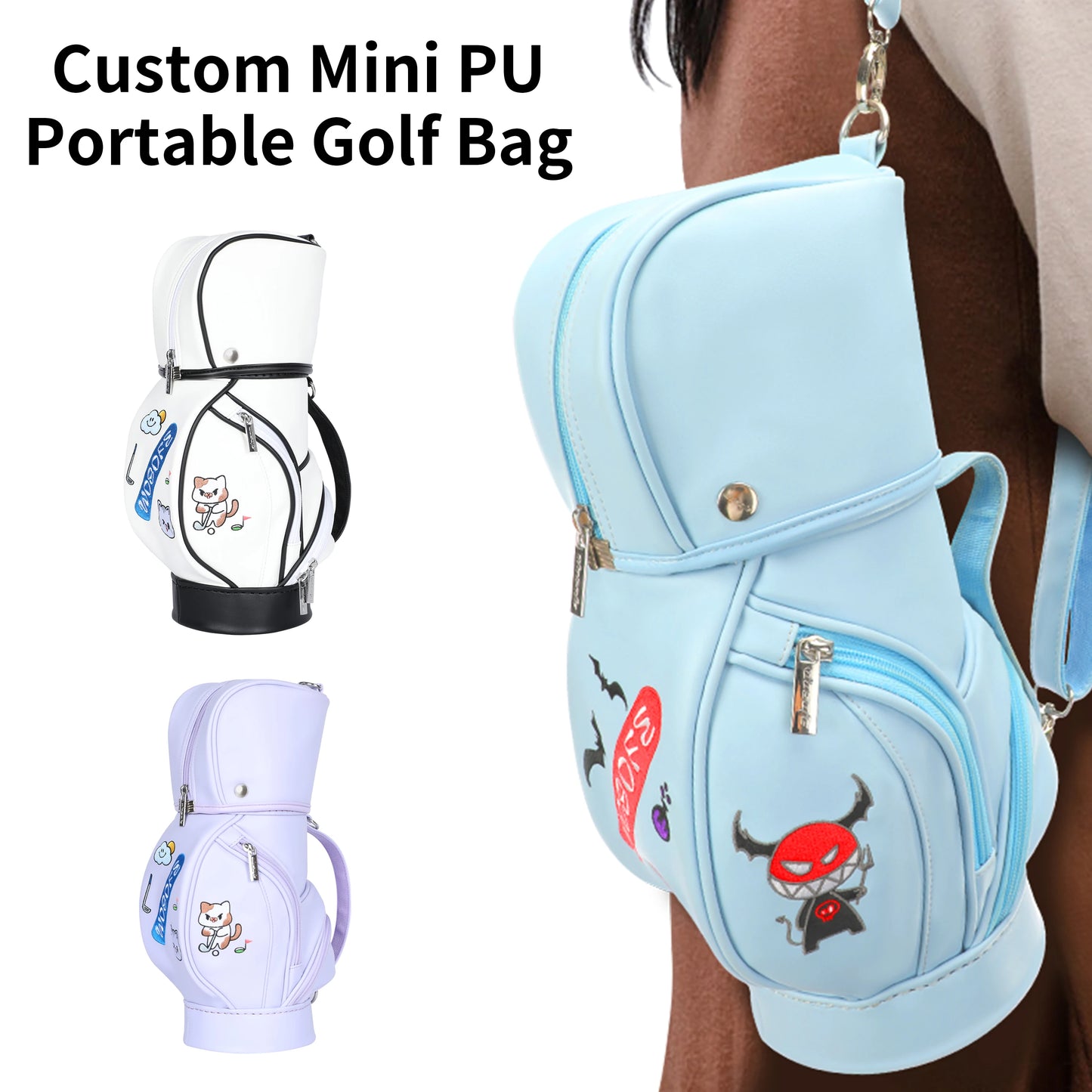 1 PC Women's Golf Bag, Cartoon Embroidered Golf Park Bag, PU Material, Portable Golf Gear Storage Bag, Mini Golf Accessory Pouch