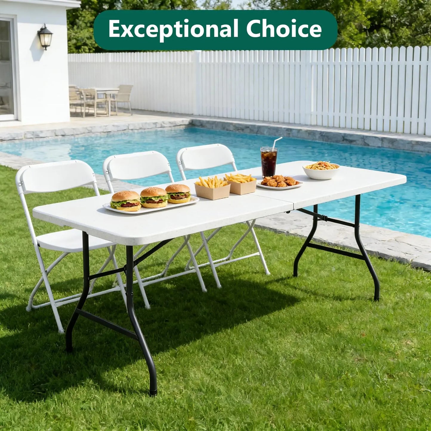 6ft Foldable Utility Table with Handle - Heavy Duty Plastic, Fold-in-Half Design, Portable for Indoor/Outdoor Events, White