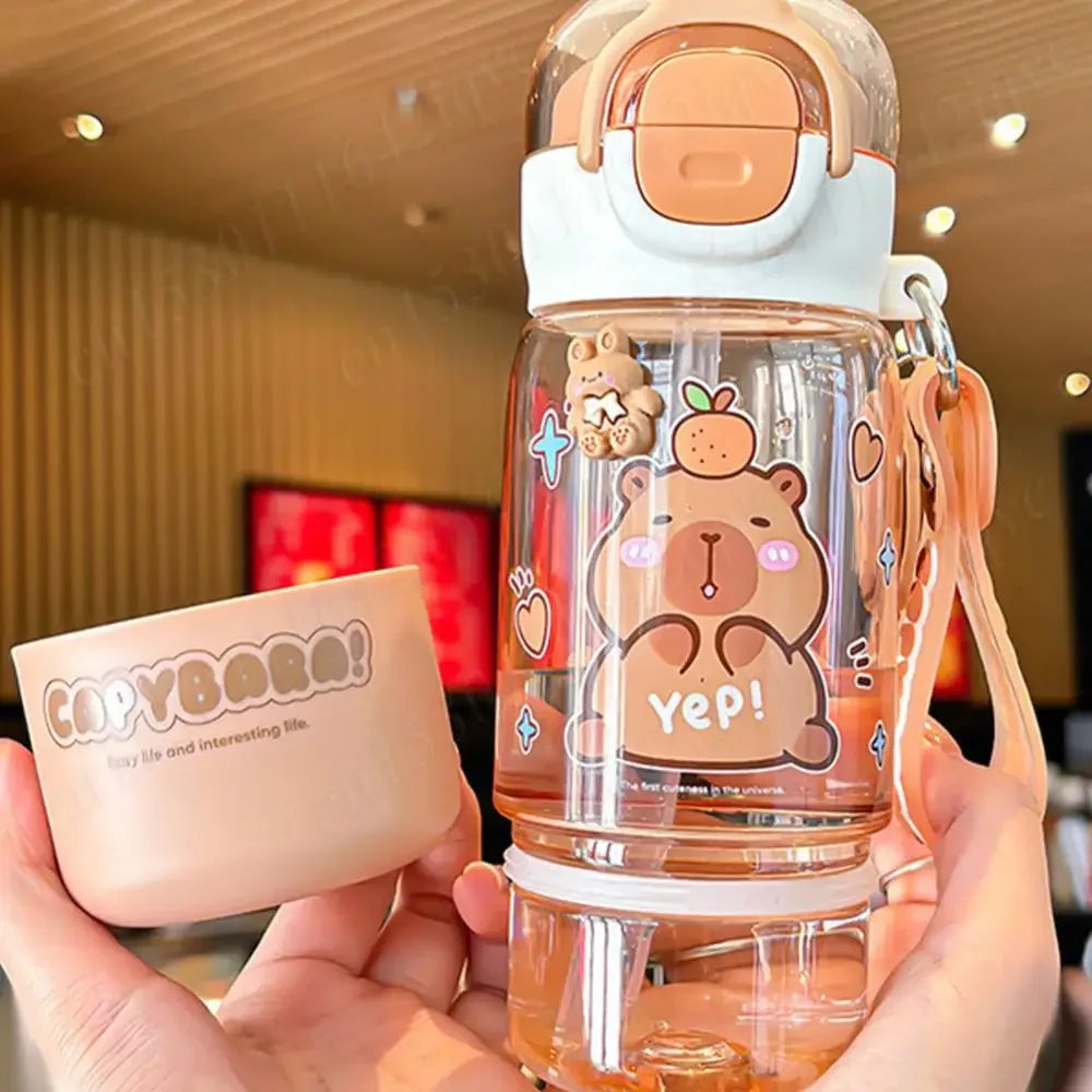 600ML Drink Water Cup Capybara Cartoon Water Bottle Double Drink Portable Large Travel Tumbler Leakproof Plastic Kapibara Cup