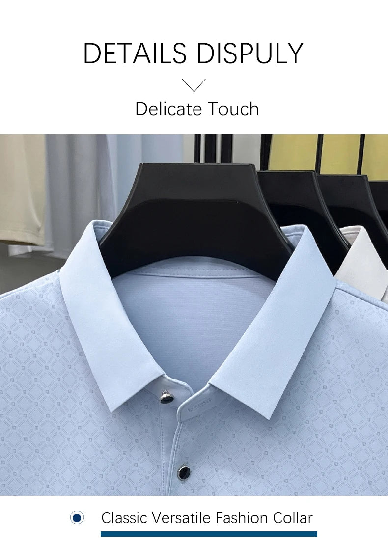 2026 Summer Old Money Style Men Polo Tee Subtle Linear Pattern Cool Touch Anti-Wrinkle Daily Golf Casual Short Sleeve Polo Shirt