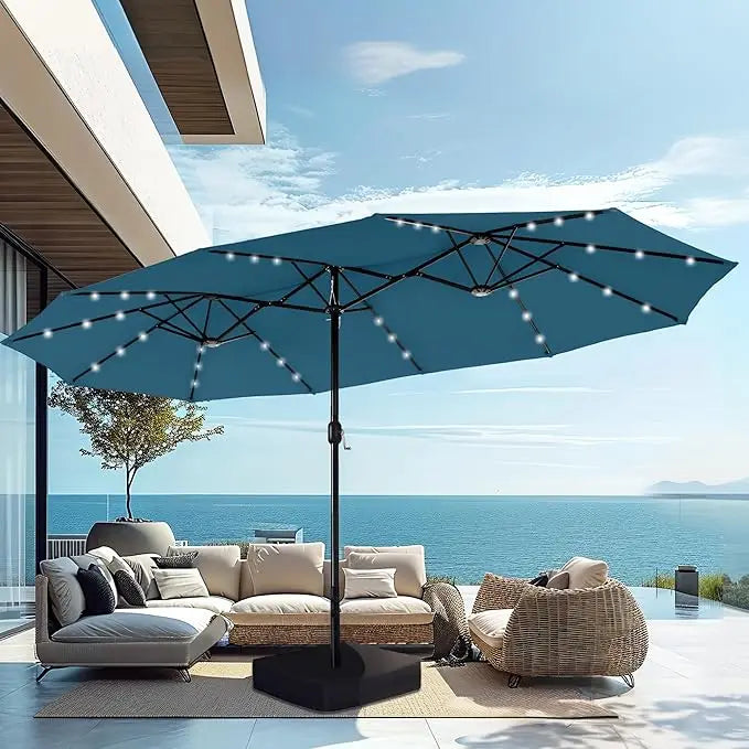 15ft Large Patio Umbrella with Solar Lights, Double-Sided Outdoor Market Rectangle Umbrellas with 36 LED Lights, Umbrella Base
